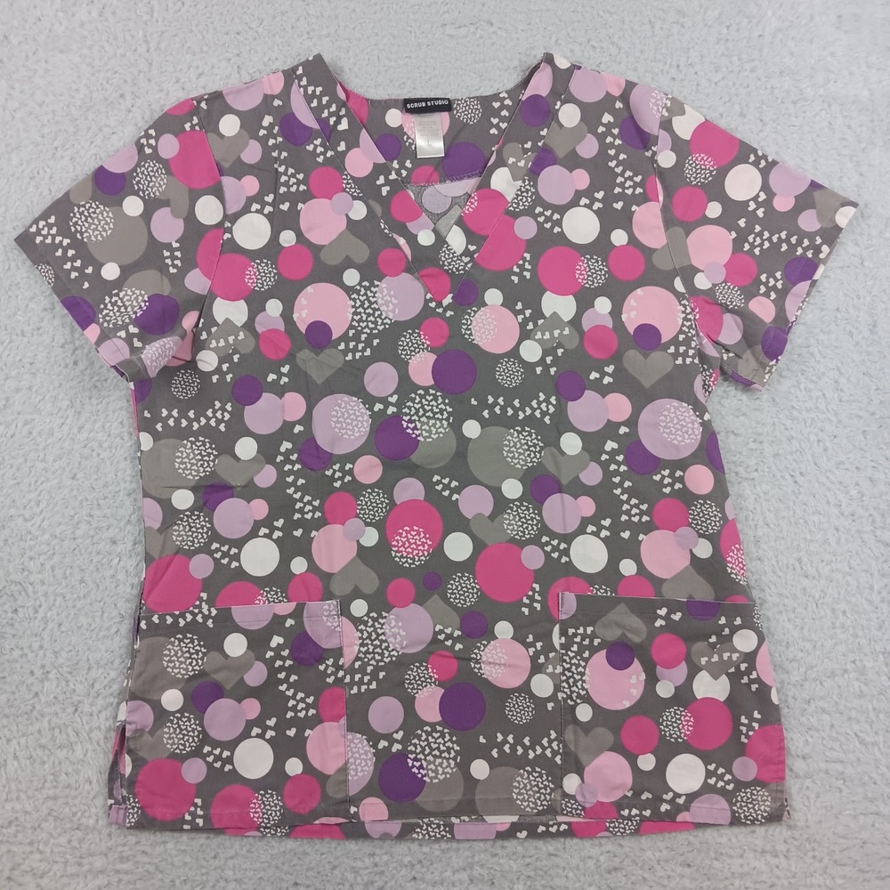 Scrub Studio Scrub Top Women L Grey Pink Purple Polka Dot Heart V-Neck Pocket